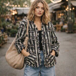 Lauren Vidal Ladies Jacket Boho Hobo Style Black White Tan Fringe Rag Tag Sz M/L